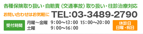 各種保険取り扱い・自賠責（交通事故）取り扱い・往診治療対応　お問い合わせはお気軽に　電話　03-3489-2790受付時間　月曜～金曜9：00～13：00 15：00～20：00 土曜9：00～16：00　休診日　日曜・祝日