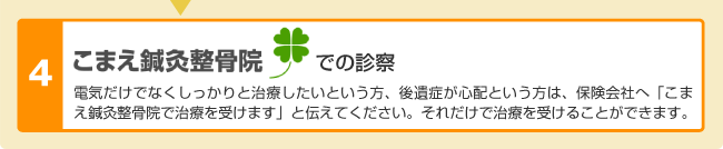 こまえ鍼灸整骨院での診察 電気だけでなくしっかりと治療したいという方、後遺症が心配という方は、保険会社へ「こまえ鍼灸整骨院で治療を受けます」と伝えてください。それだけで治療を受けることができます。